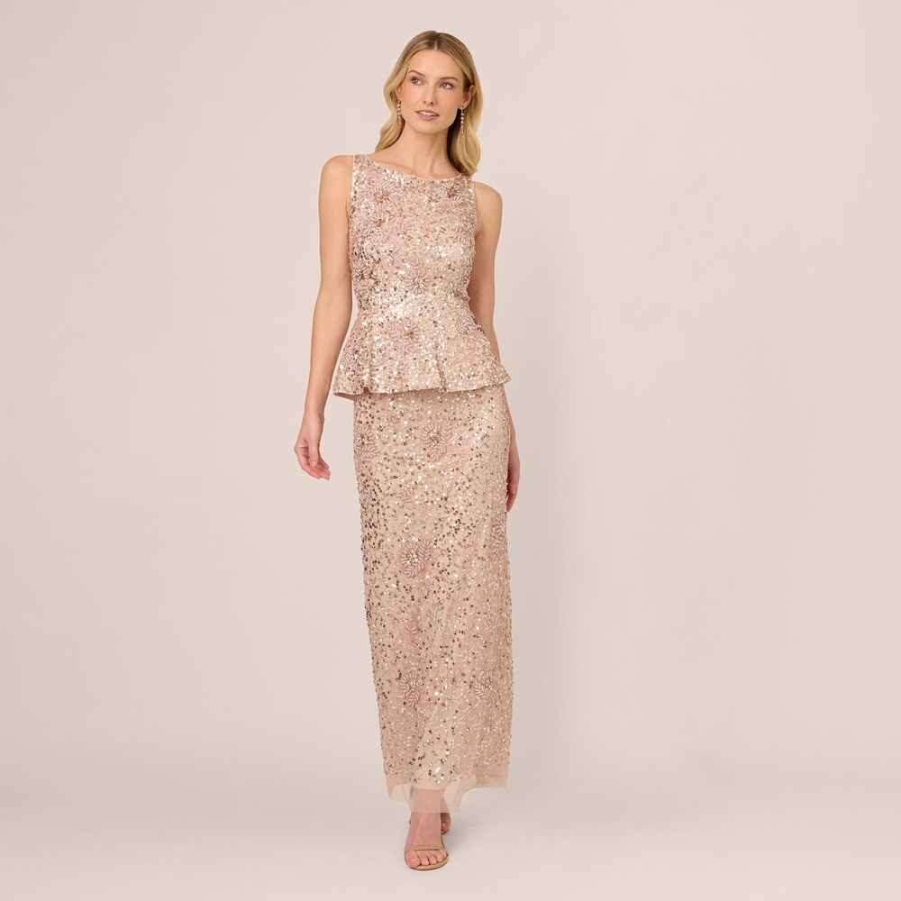 Adrianna PapellSleeveless Beaded Peplum Dress In Shell - Picture 3 of 9